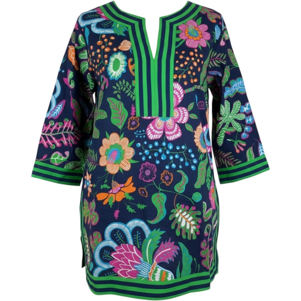 Gretchen Scott Navy Blue Floral Cotton Tunic Top Split V-Neck 3/4 Sleeve Size M